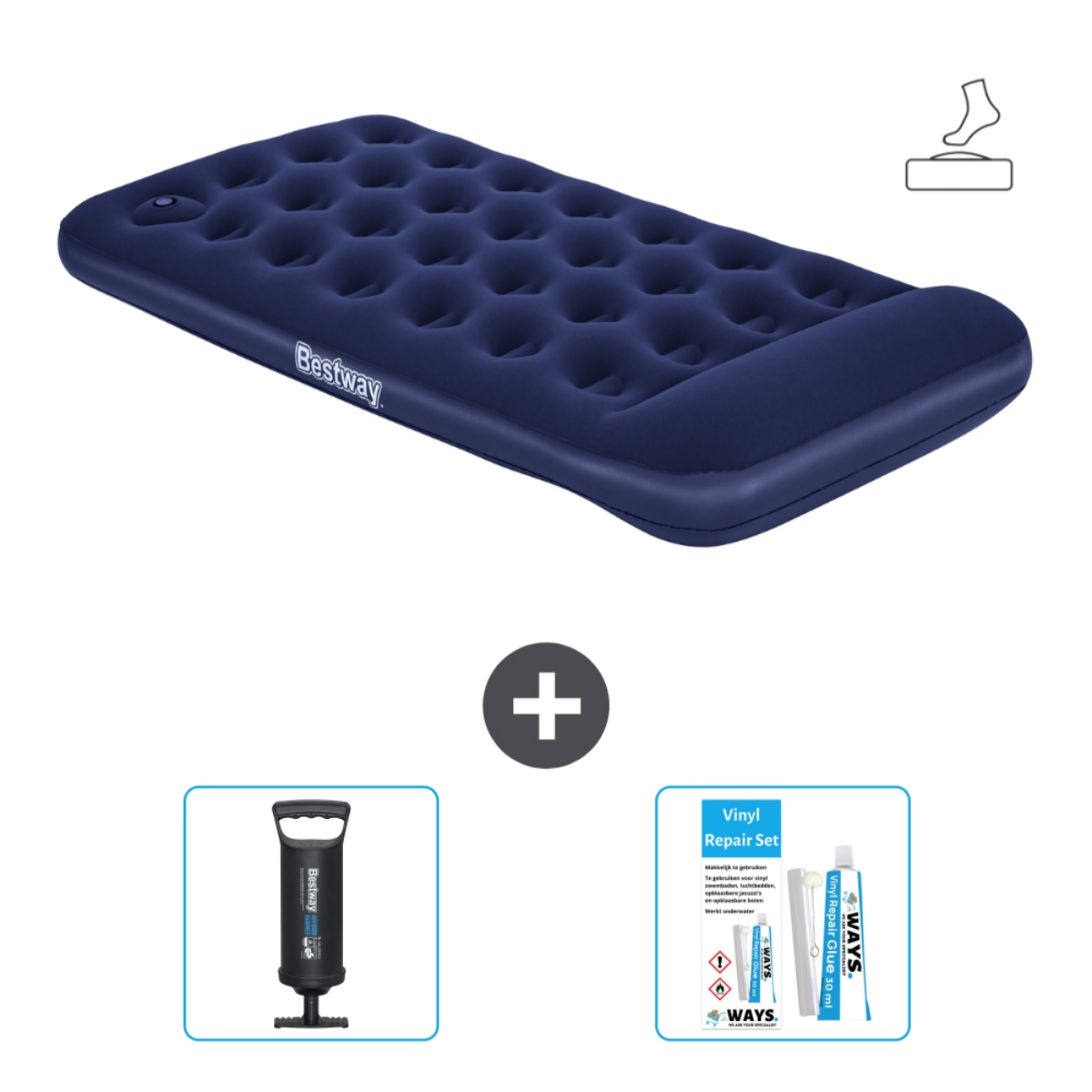 Blauw luchtbed met reparatieset en pomp.