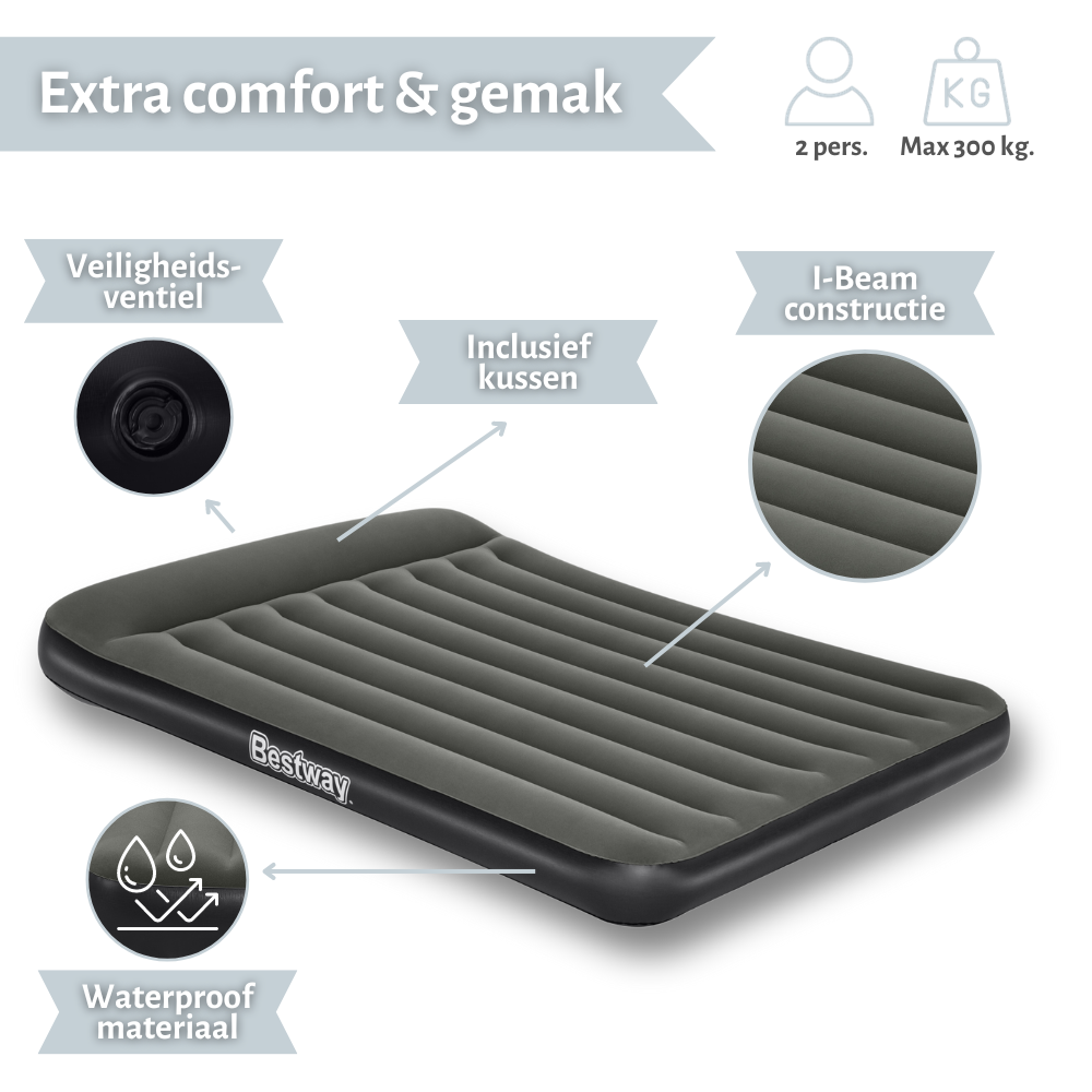 Un matelas gonflable gris avec détails, incluant une valve de sécurité et matériau imperméable.