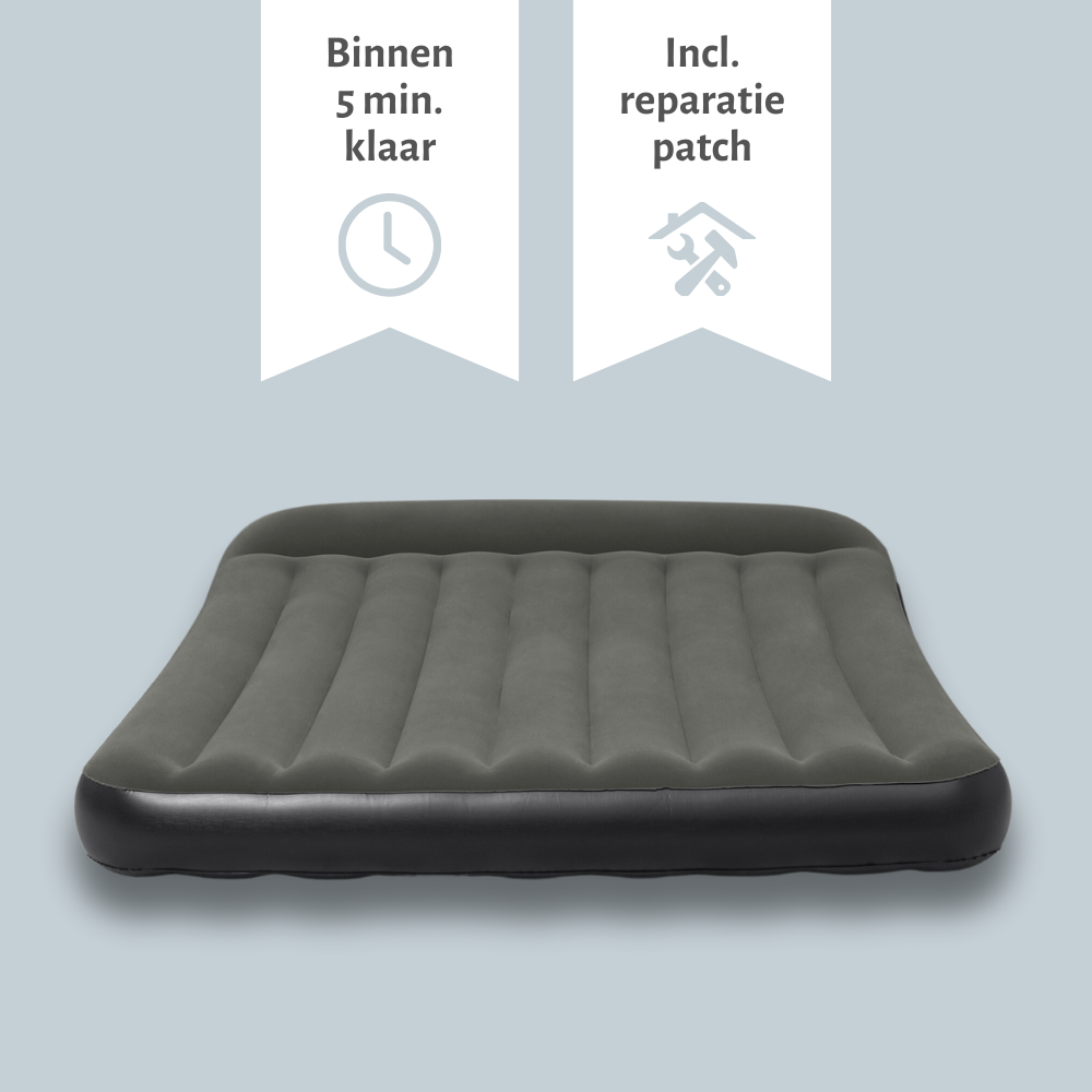 Un matelas gonflable gris avec une base noire. Il comporte des indicateurs de texte et des icônes de temps/réparation.