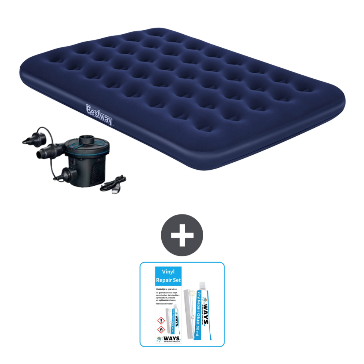 Matelas gonflable bleu avec pompe électrique et kit de réparation vinyle avec colle et patch.