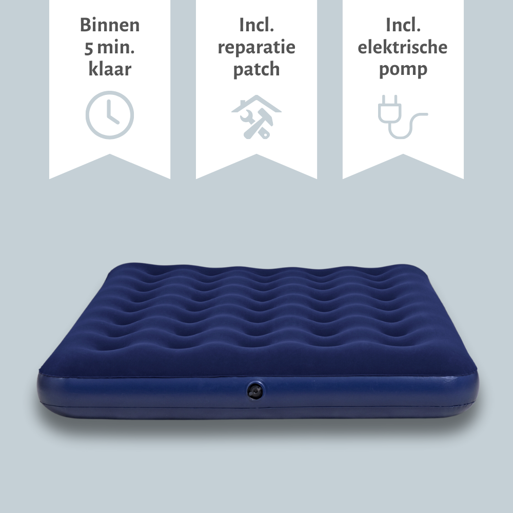 Matelas gonflable bleu avec icônes temps, réparation et pompe électrique. Prêt en 5 min.