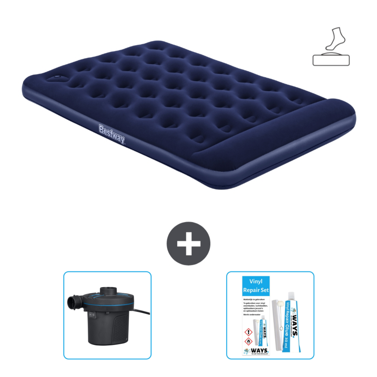 Een marineblauw luchtbed met pomp, reparatieset.