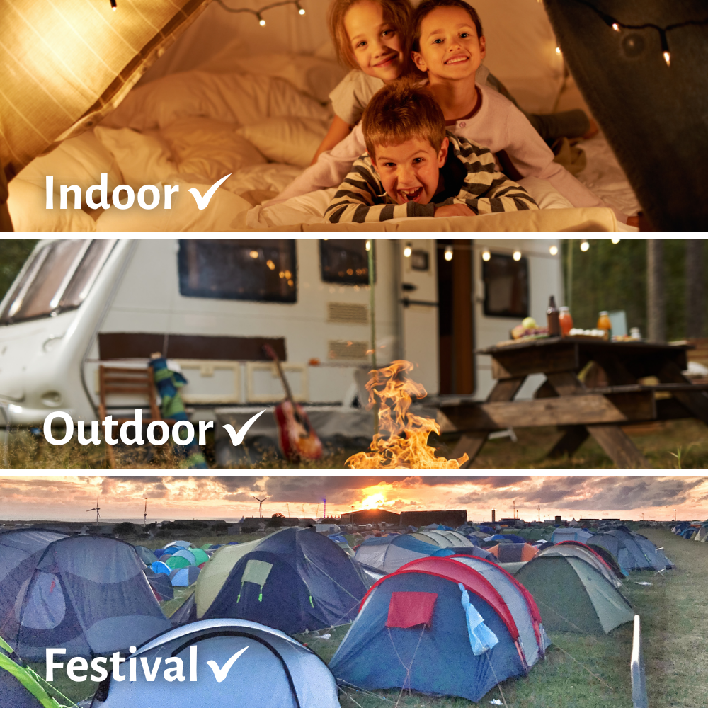 Binnen-, buiten- en festivals. Binnen: Kinderen op bed. Buiten: Kampvuur. Festival: Tenten in het veld.
