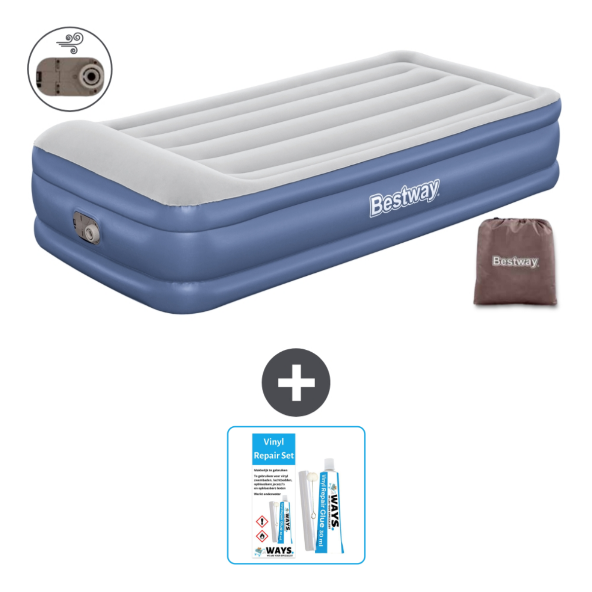 Een blauw en wit luchtmatras met Bestway logo, een reparatieset en een draagtas. Het heeft een luchtpomp.