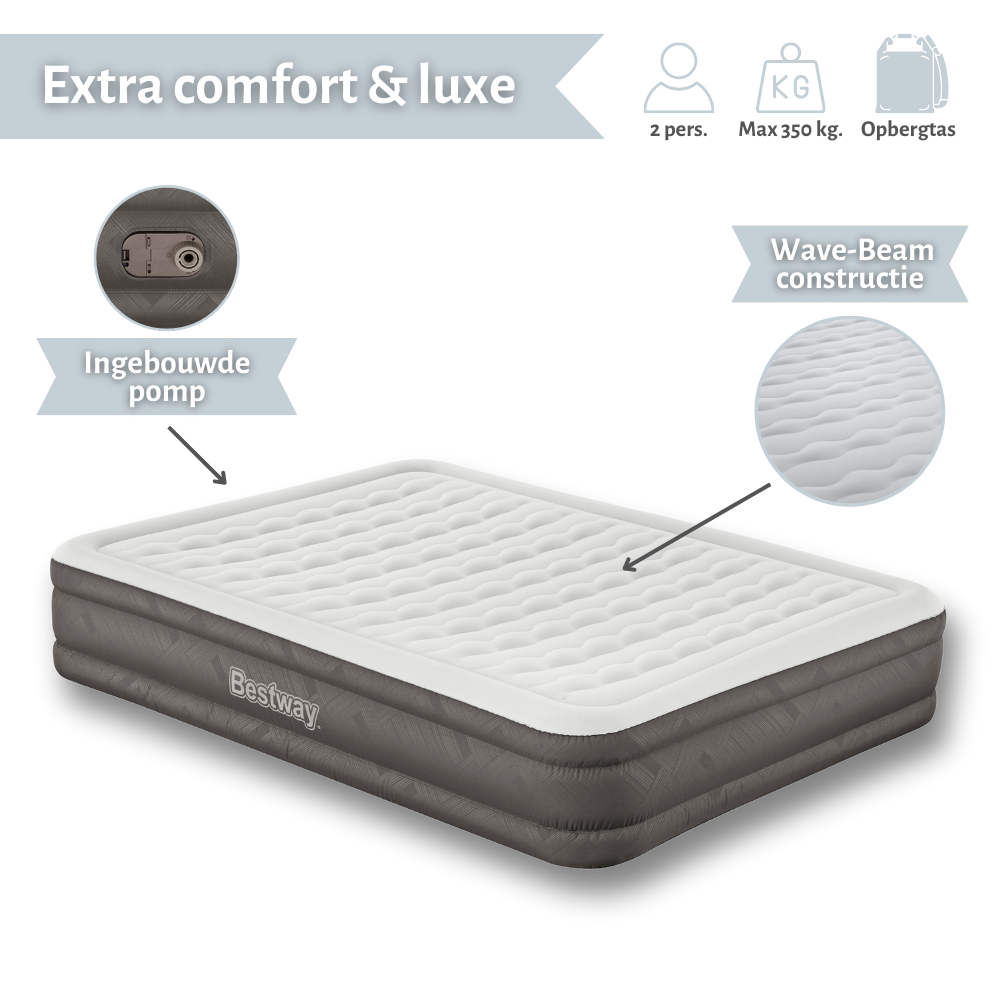 Un matelas gonflable gris foncé avec logo Bestway, pompe intégrée et construction Wave-Beam détaillée.