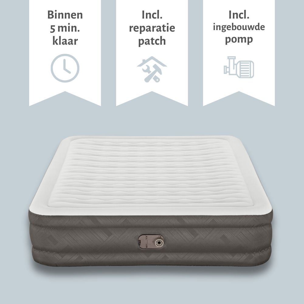 Un matelas pneumatique blanc et gris avec des icônes pour une installation rapide, une rustine et une pompe.