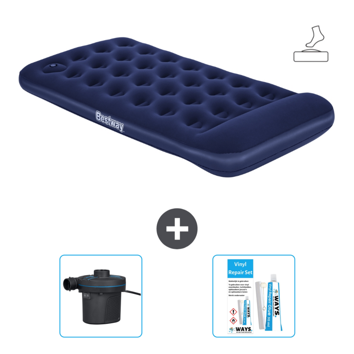 Un matelas pneumatique bleu marine avec une pompe et un kit de réparation.