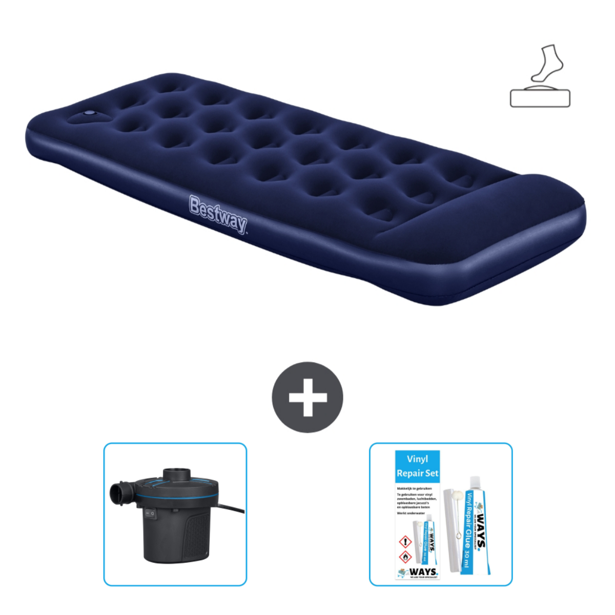 Blauwe opblaasbare matras met pomp en reparatieset. De matras heeft een Bestway logo.
