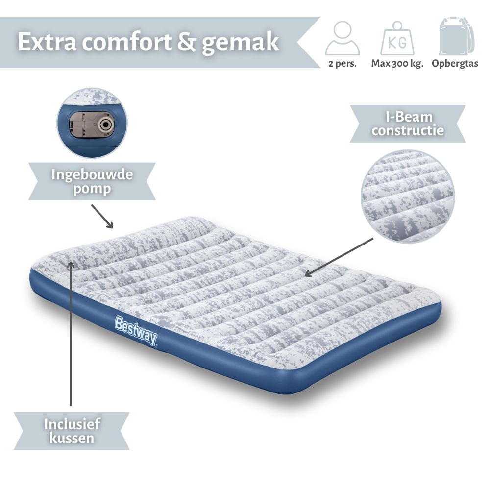 Matelas pneumatique Bestway bleu et blanc avec bordure bleue et logo Bestway. Également un oreiller inclus.