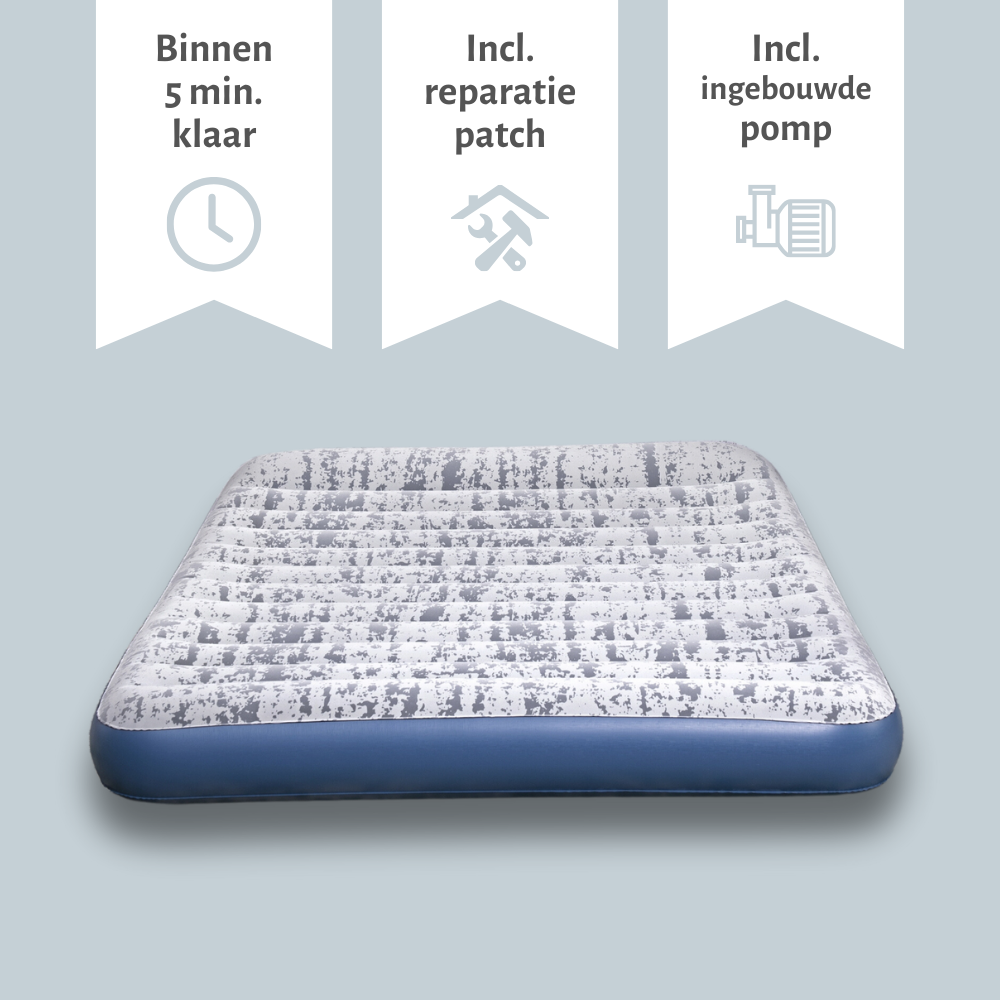 Matelas pneumatique avec bordures bleues et motif bleu et gris. L'image contient également des icônes et du texte.