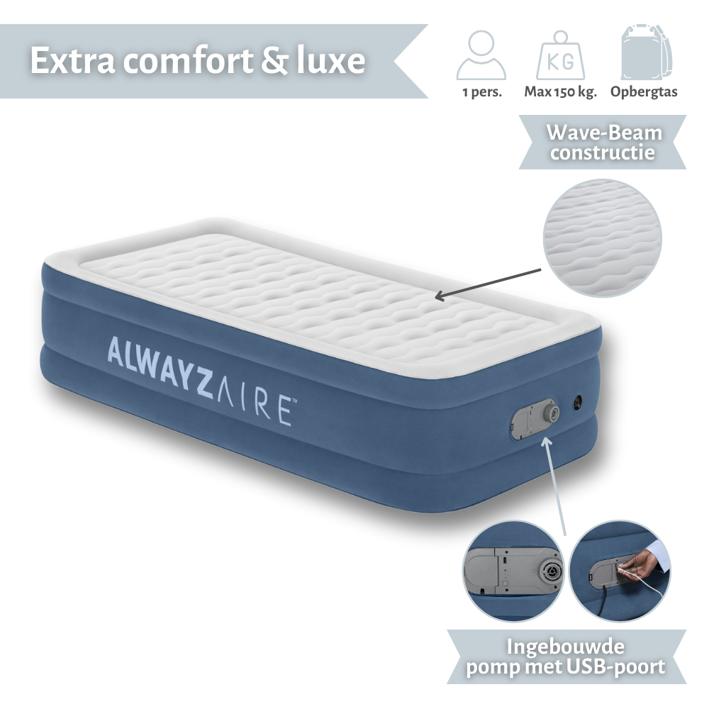Blauw luchtbed met ingebouwde pomp met USB-poort, en de woorden 'ALWAYZAIRE'. Voor één persoon.