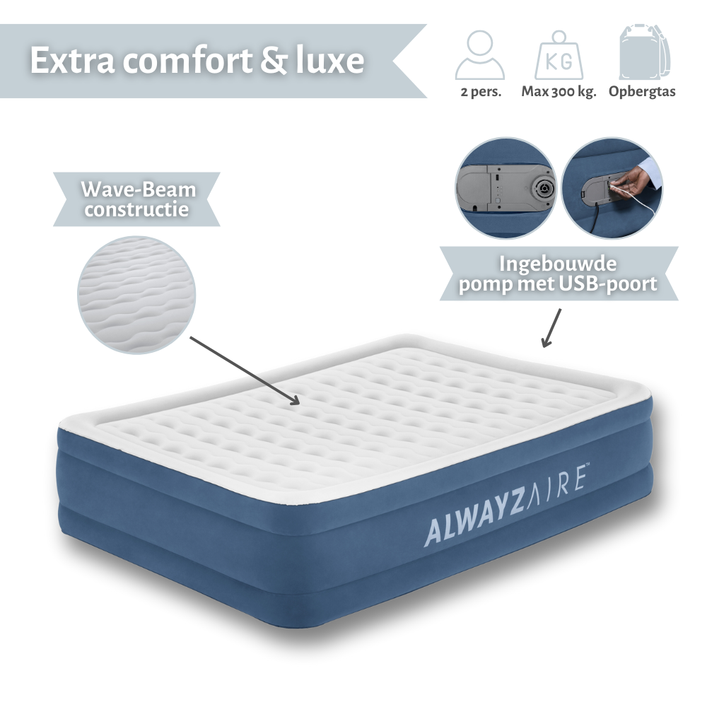 Blauwe opblaasmatras met witte bovenkant. Inclusief een USB-poort. Zegt 'ALWAYS AIRE'. Extra comfort & luxe.