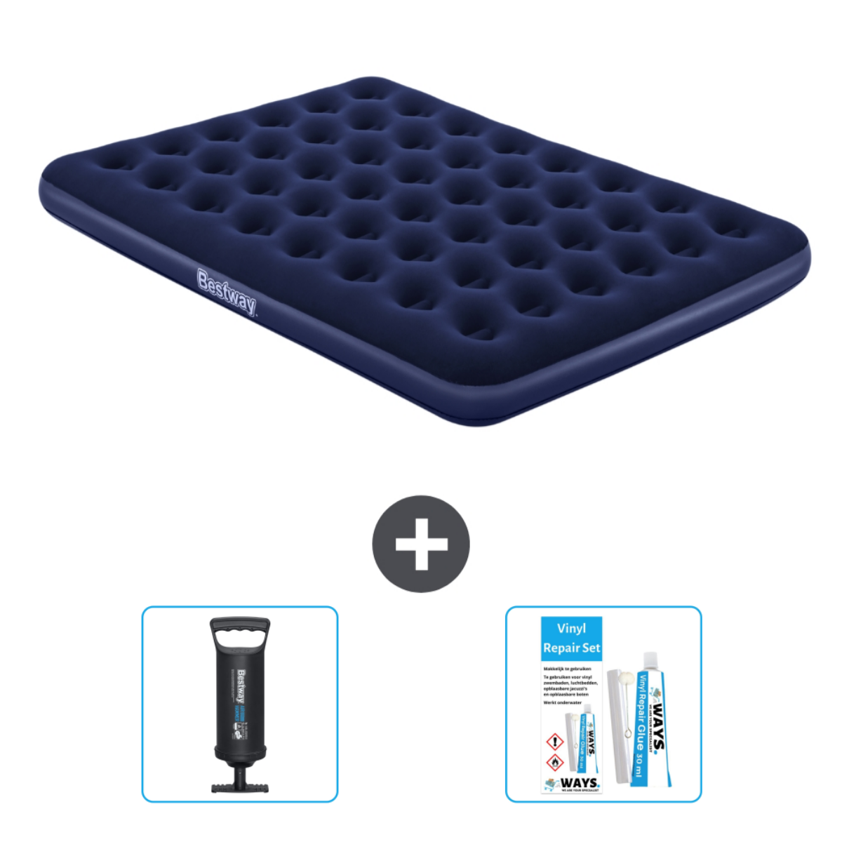 Matelas gonflable bleu avec logo Bestway, pompe manuelle et kit de réparation. Fond blanc.