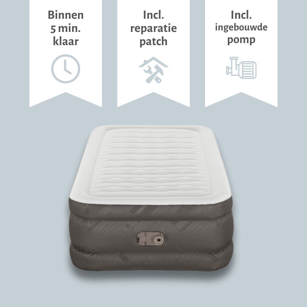 Un matelas gonflable gris avec dessus blanc, des icônes de temps, de patch et de pompe intégrée sont affichées.