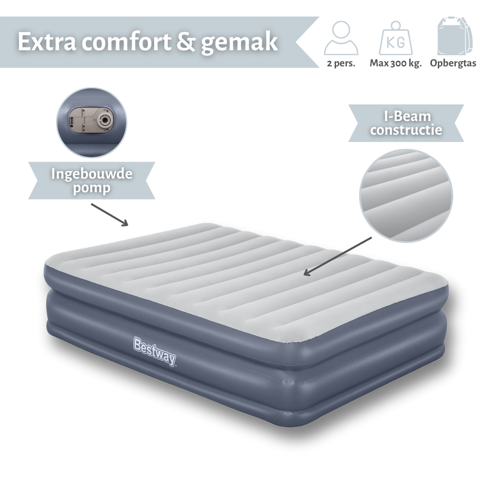 Een grijze en witte opblaasbare matras met een ingebouwde pomp. Met I-beam constructie.