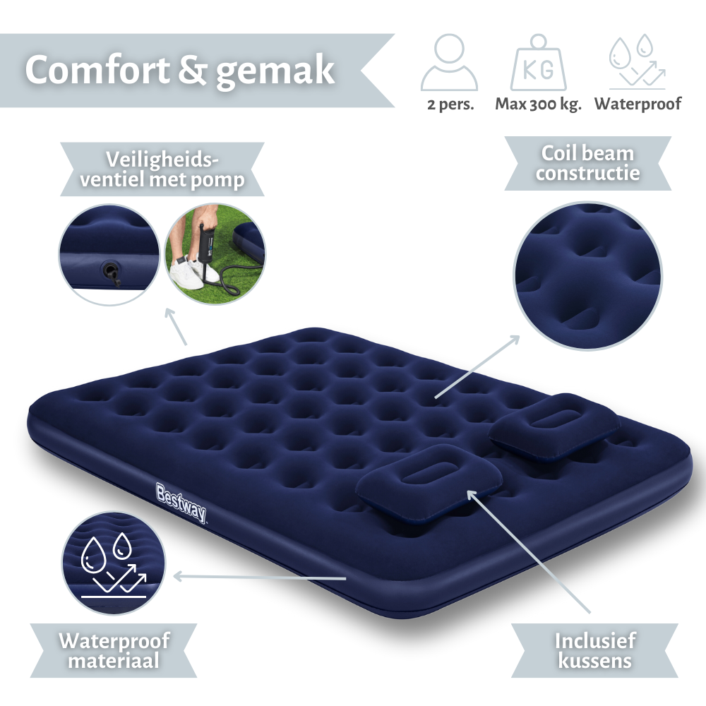 Matelas gonflable bleu avec oreillers et icônes. Caractéristiques: étanche, ressorts, confort.