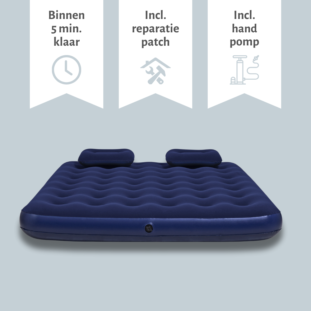 Matelas gonflable bleu avec deux oreillers. Icônes temps, réparation et pompe manuelle.