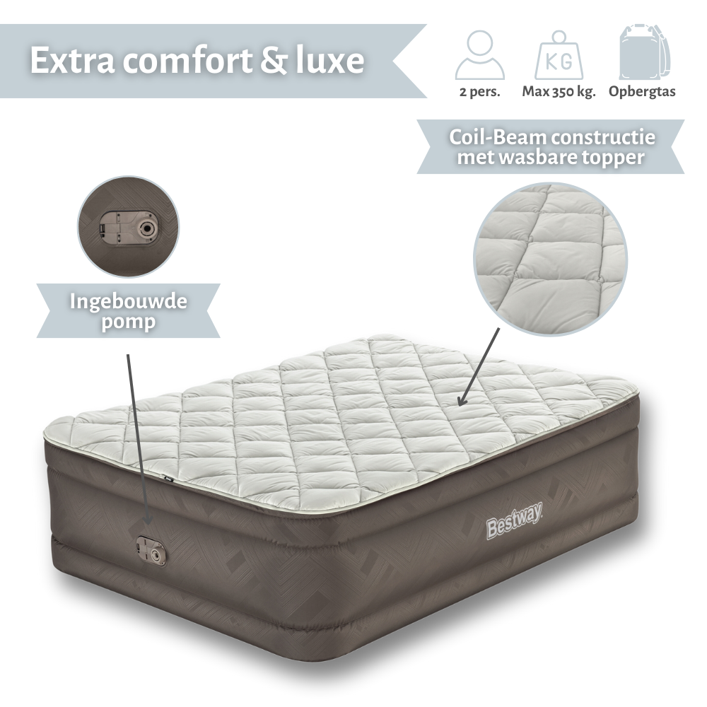 Matelas gonflable marron et blanc, dessus matelassé, pompe intégrée et un sur-matelas lavable.