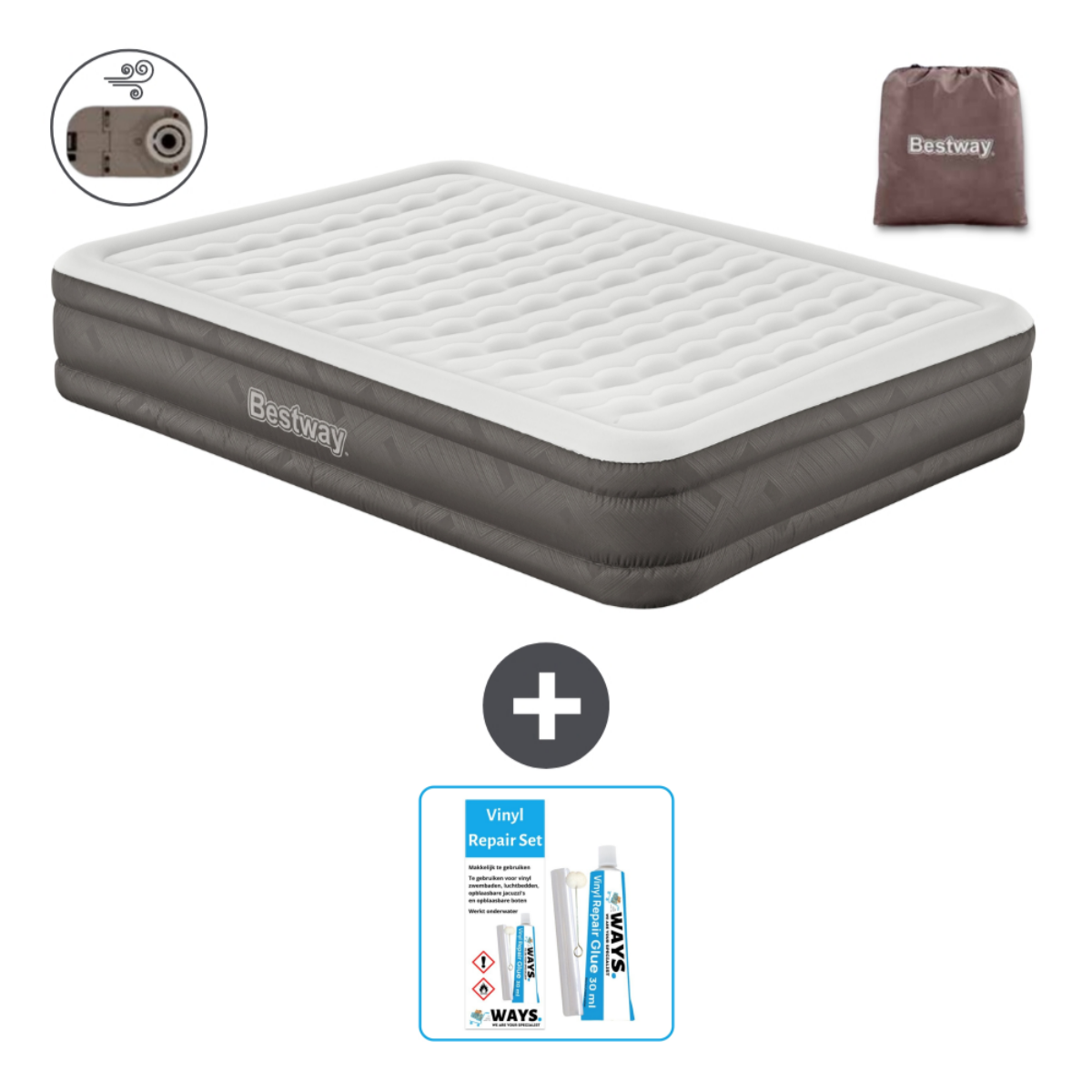 Un matelas gonflable avec le logo Bestway, un kit de réparation et un sac de transport sont affichés.