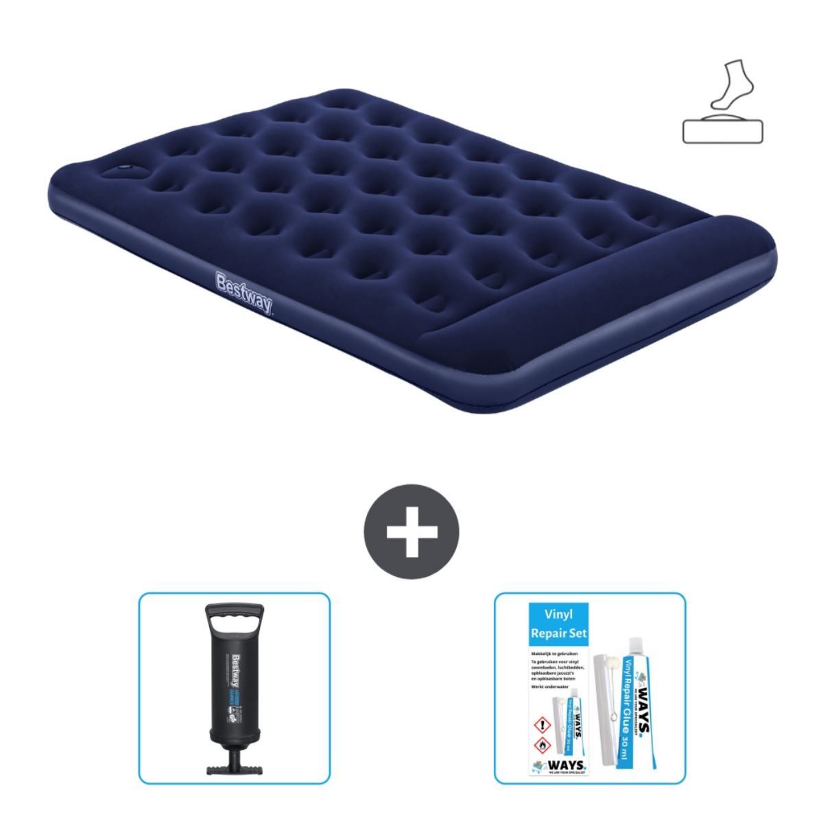 Matelas gonflable bleu foncé, pompe et kit de réparation. Le matelas a un appui-tête.