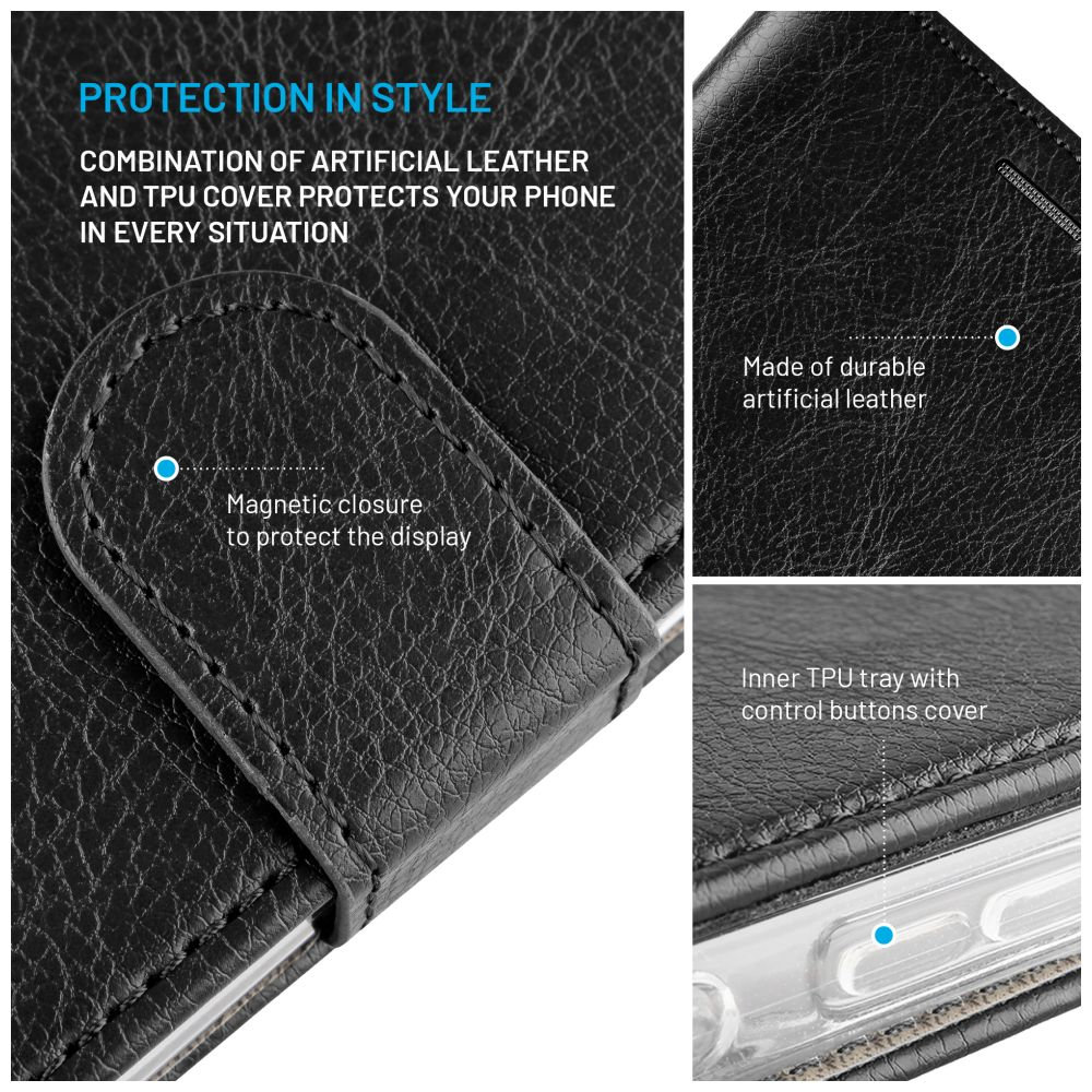Nahaufnahme einer schwarzen Handyhülle mit gesteppten Nähten und Magnetverschluss. Text: 'Protection in Style'.