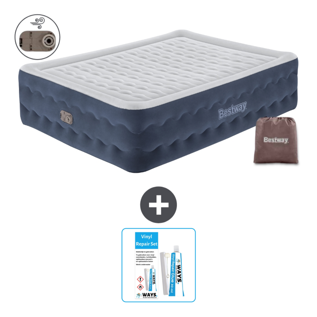 Een blauw en wit luchtbed met een draagtas en een reparatieset.