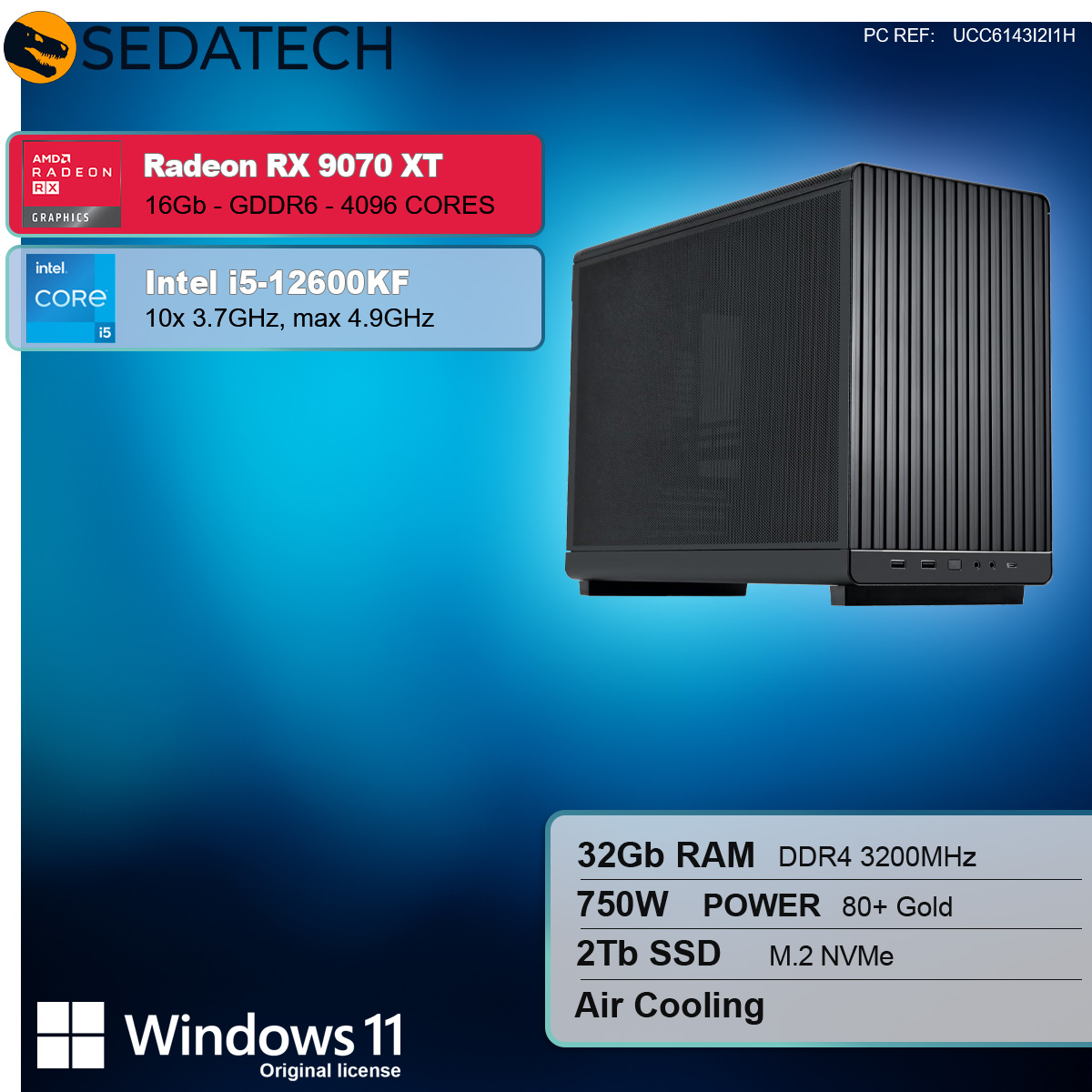 Czarna obudowa komputera stacjonarnego na białym tle, ze szczegółami produktu i logo.