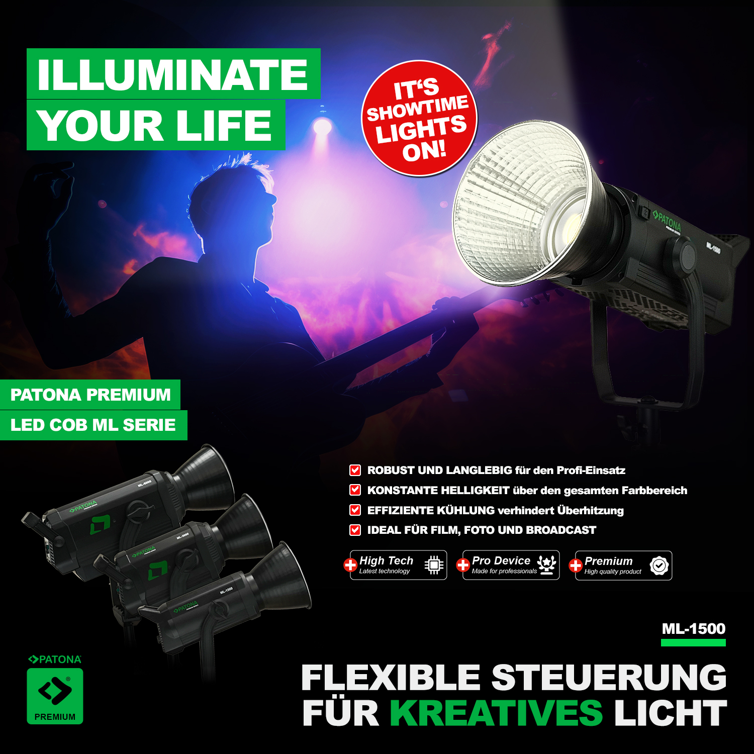 Configuration d'éclairage de studio avec trois lumières noires et un projecteur. Texte : 'Illuminez votre vie' et infos produit.