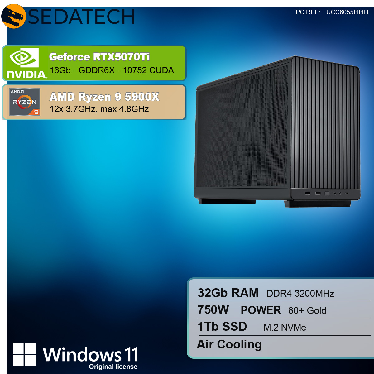 Podzespoły komputera, w tym karta graficzna i procesor, ze specyfikacjami na białym tle.