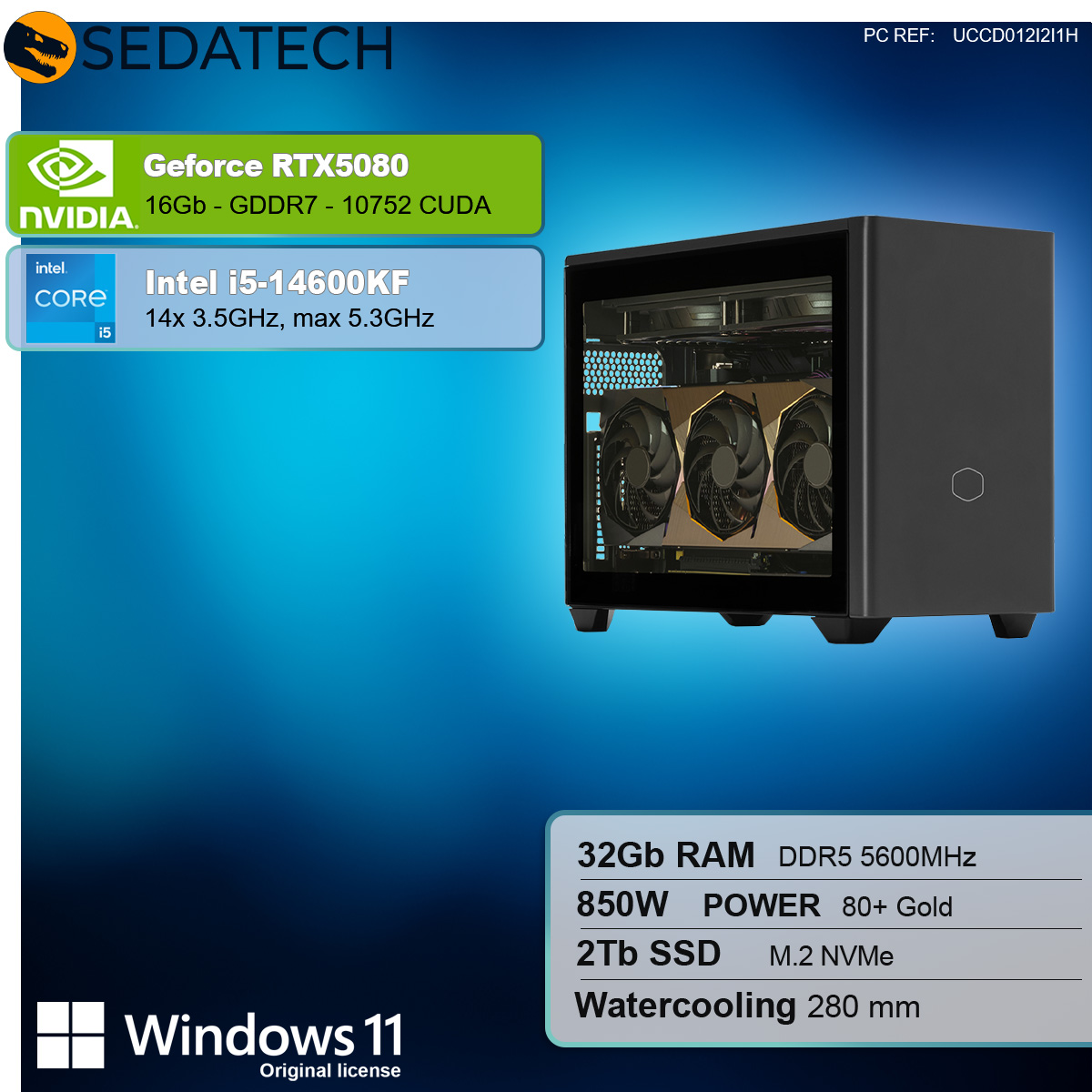 Schwarzes PC-Gehäuse mit Intel i5-14600KF und GeForce RTX5080 Specs. Zeigt Komponenten im Inneren.