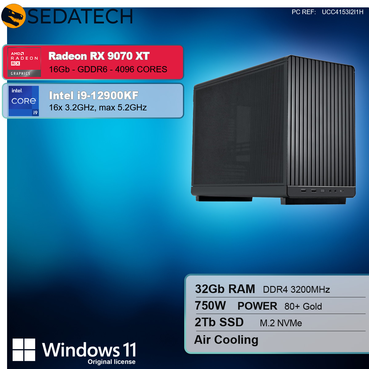 Ein schwarzes Computergehäuse mit Seitenwand, die CPU- und GPU-Etikett und Spezifikationen zeigt.