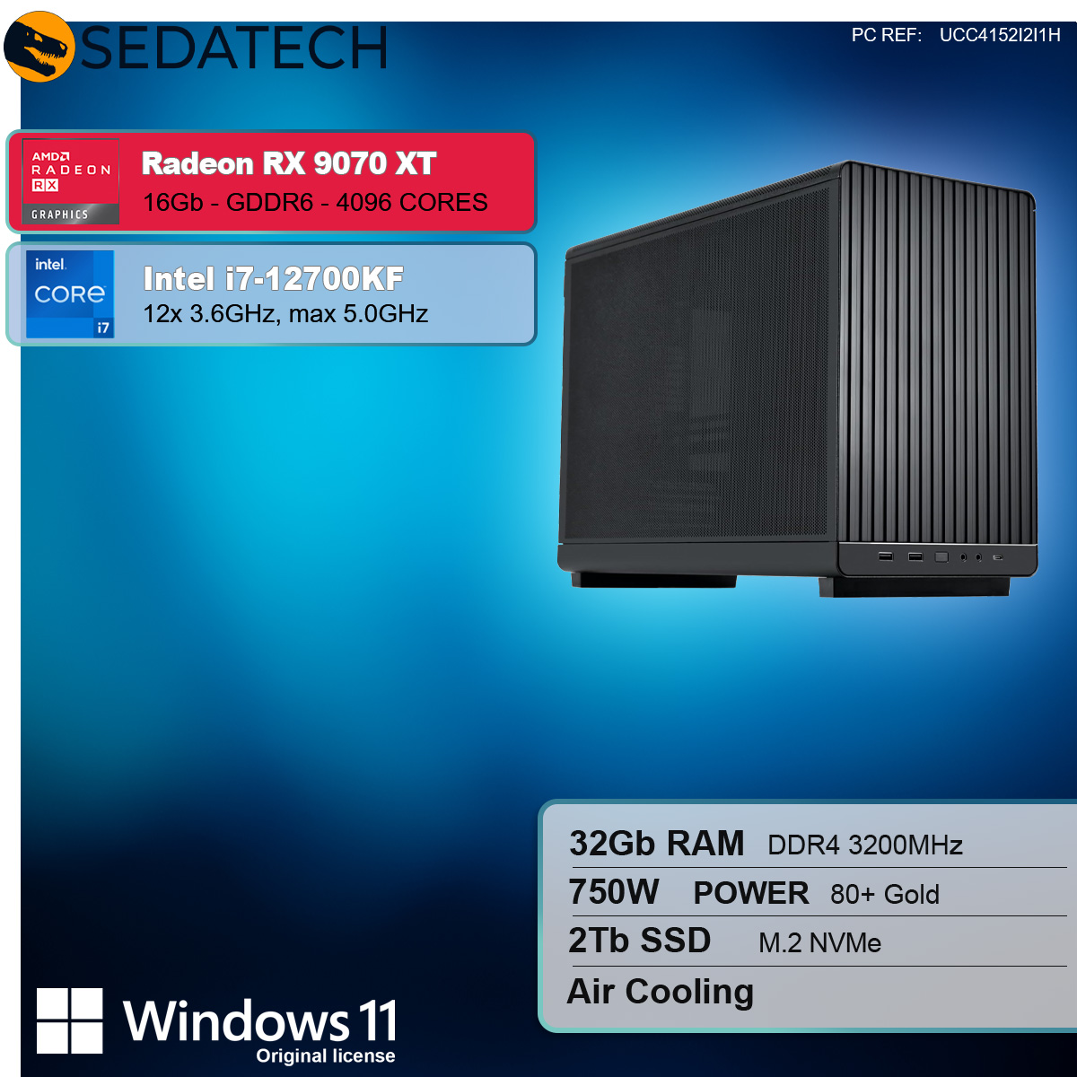 Czarna obudowa komputera ze składnikami: Radeon RX 9070 XT i Intel i7-12700KF.