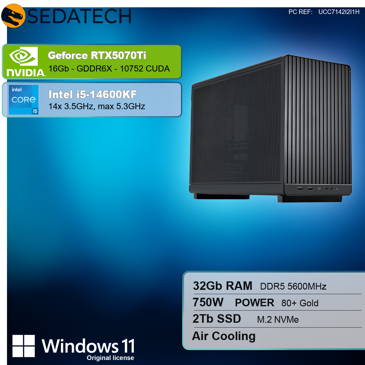 Schwarzes Computergehäuse mit RTX 5070Ti, i5-14600KF, 32GB RAM, 2TB SSD und Windows 11.