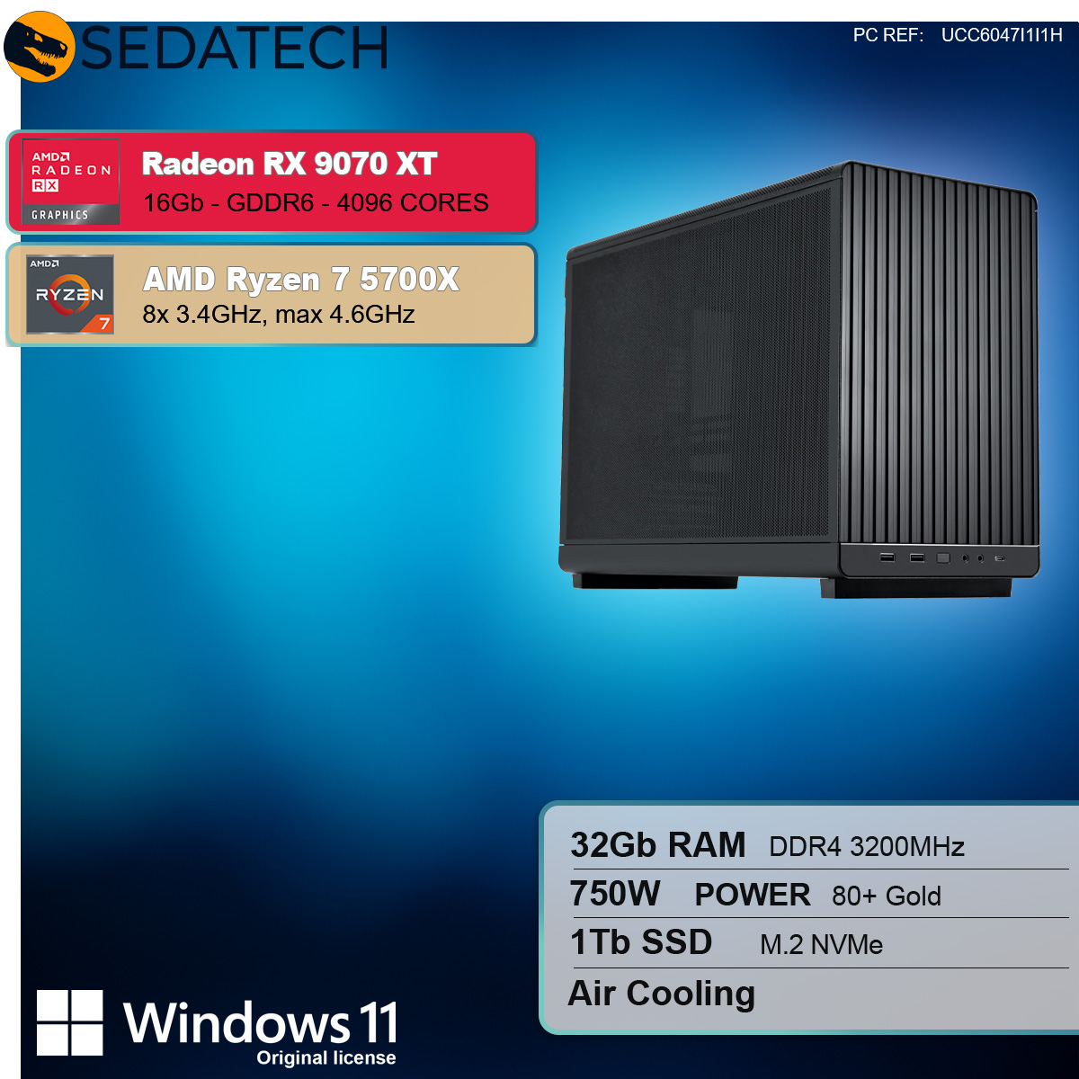 Configurazione computer con dettagli scheda grafica, inclusi RAM, alimentazione, SSD e sistema operativo.