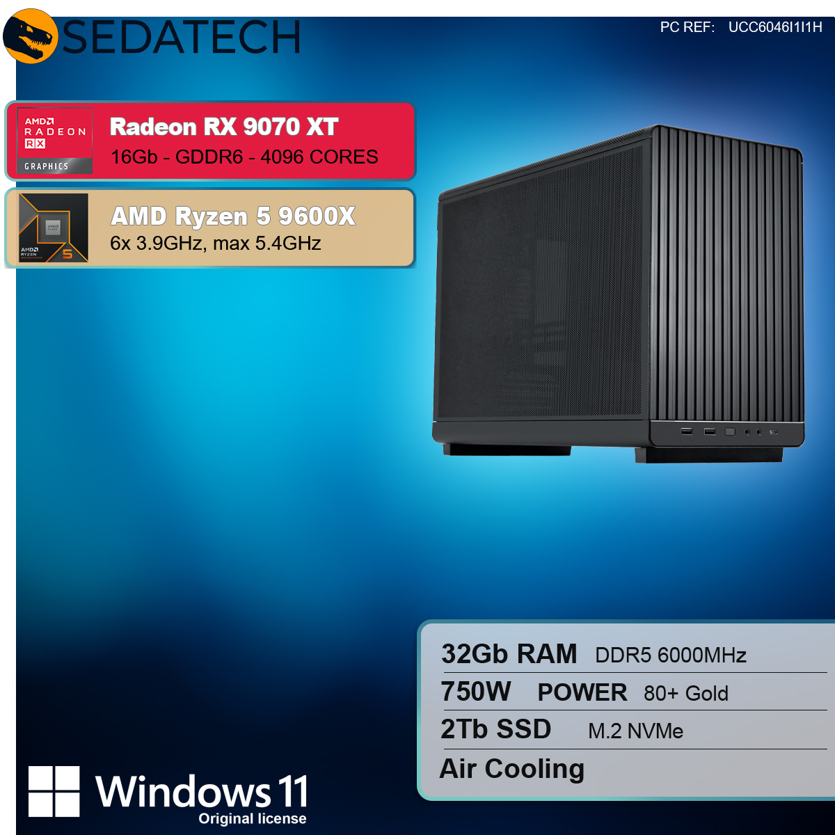 Ein Computergehäuse, Grafikkarte und Prozessor mit Spezifikationen und Windows 11.