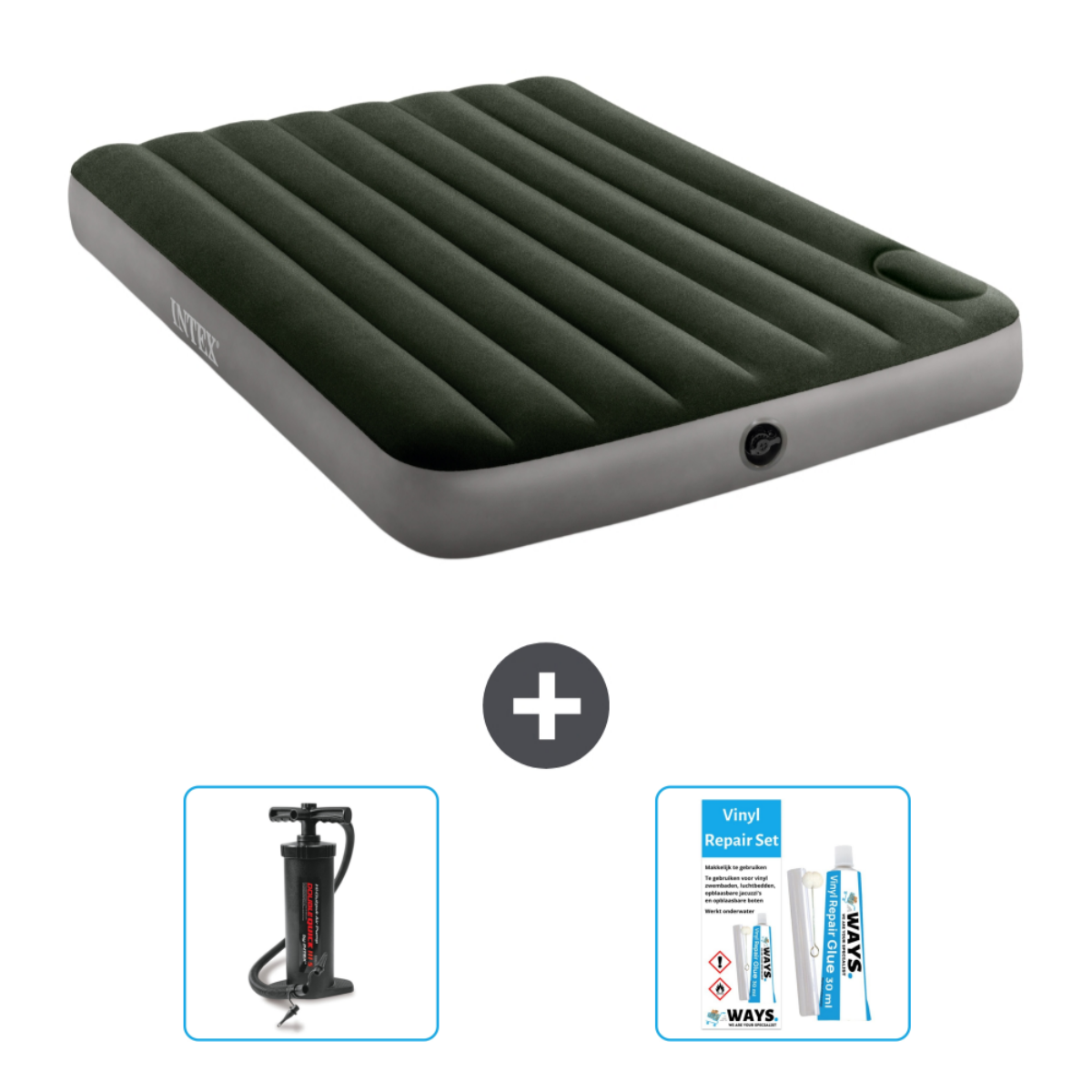 Un matelas gonflable vert foncé, avec un logo Intex et un kit de réparation avec une pompe manuelle.