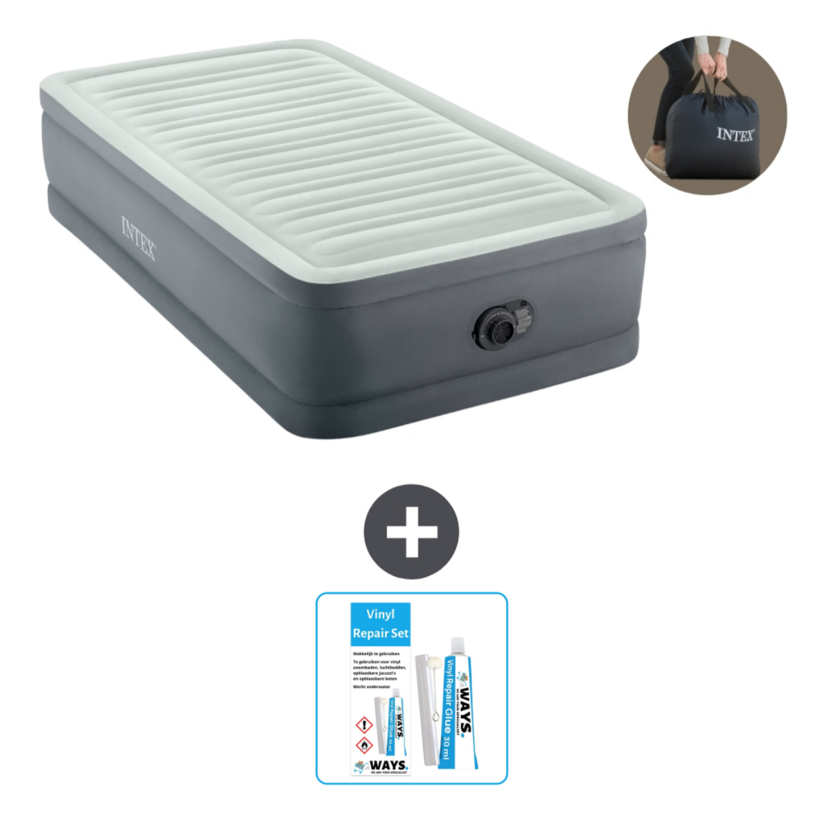 Un matelas pneumatique, un sac de transport et un kit de réparation sont affichés sur fond blanc.