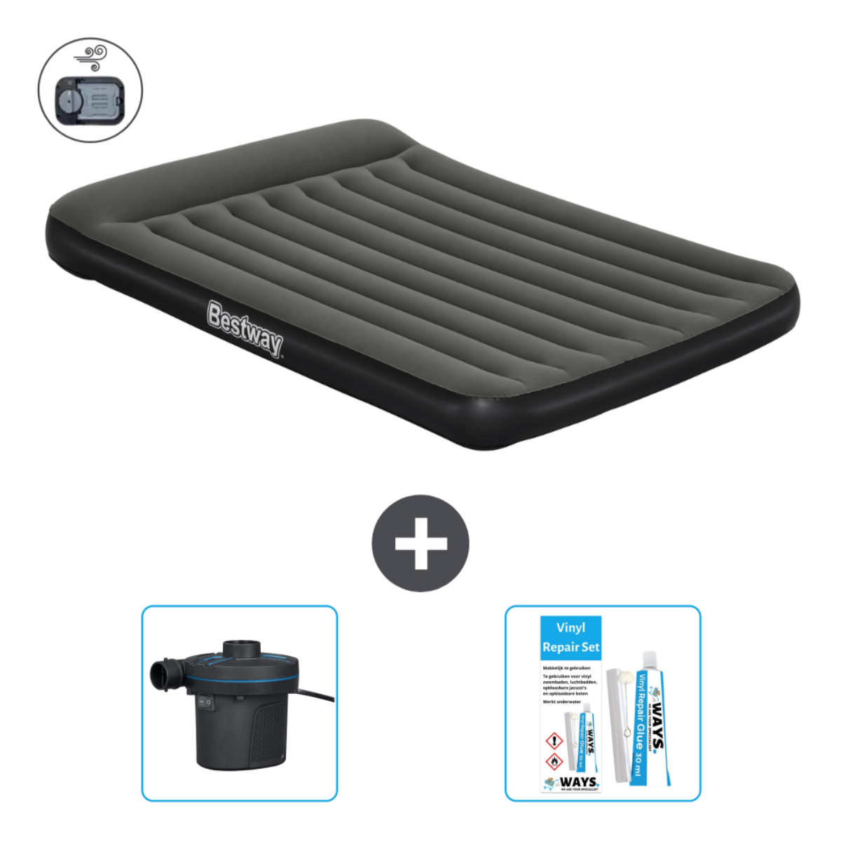 Donkergrijs Bestway luchtmatras met elektrische pomp en reparatieset. Close-up van de pomp.