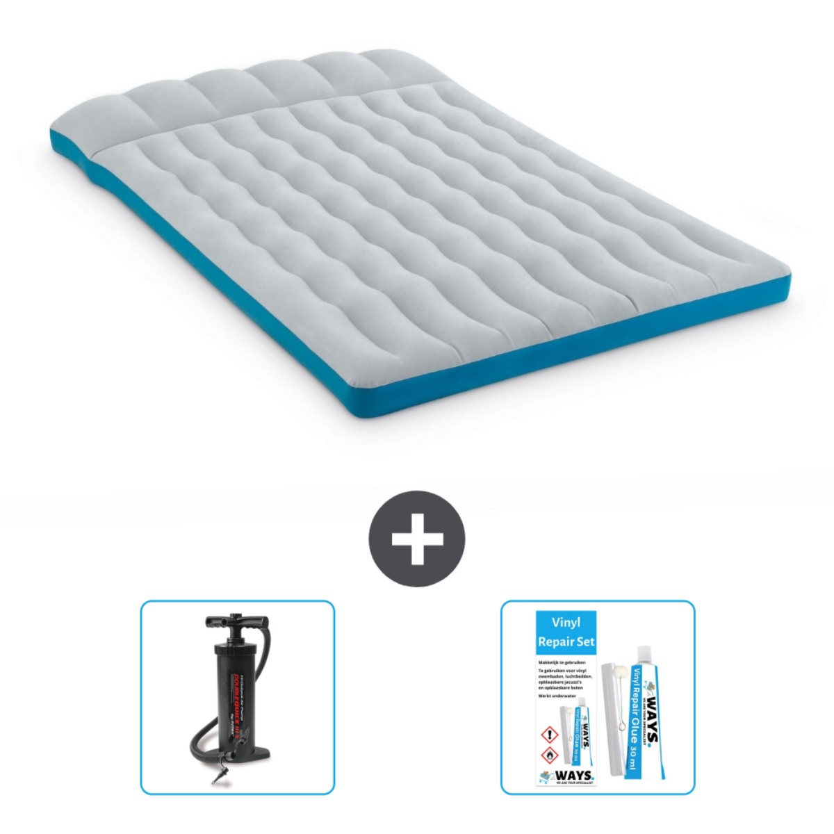 Luchtbed met reparatieset en pomp. Wit en blauwe kleuren.