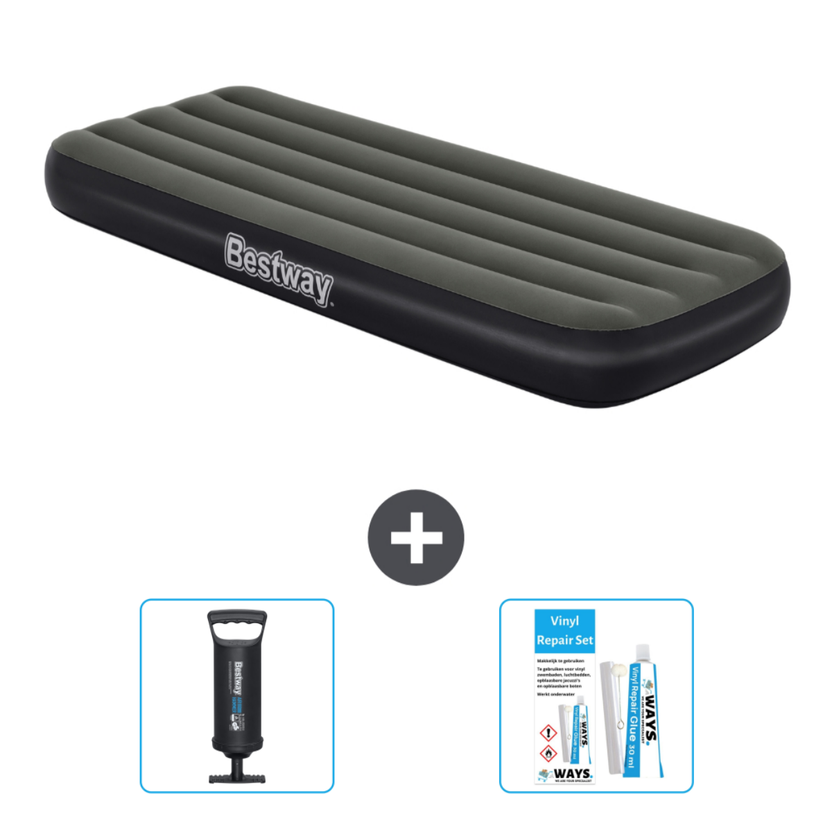 Grijs en zwart Bestway luchtbed, met pomp en reparatieset.