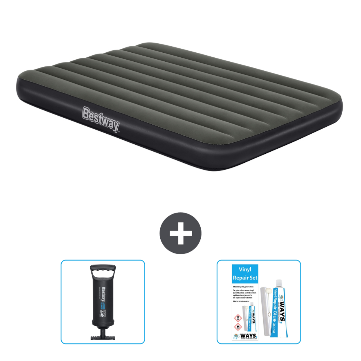 Un matelas gonflable gris foncé avec le logo Bestway et un kit de réparation avec une pompe manuelle.