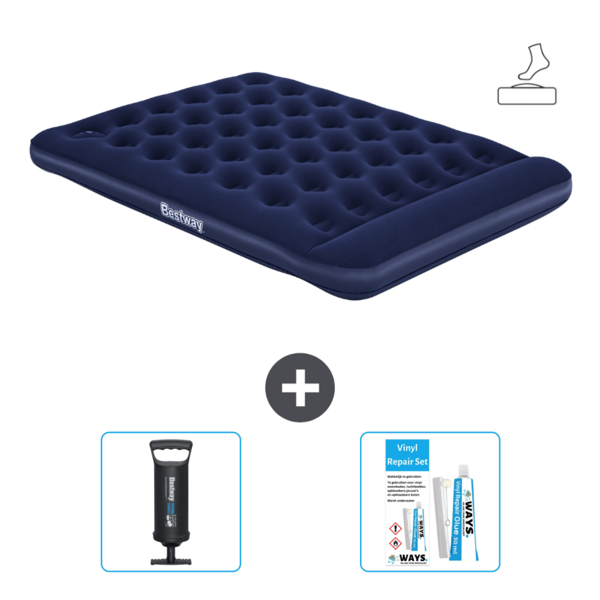 Matelas gonflable bleu avec logo Bestway, pompe manuelle et kit de réparation. Fond blanc.