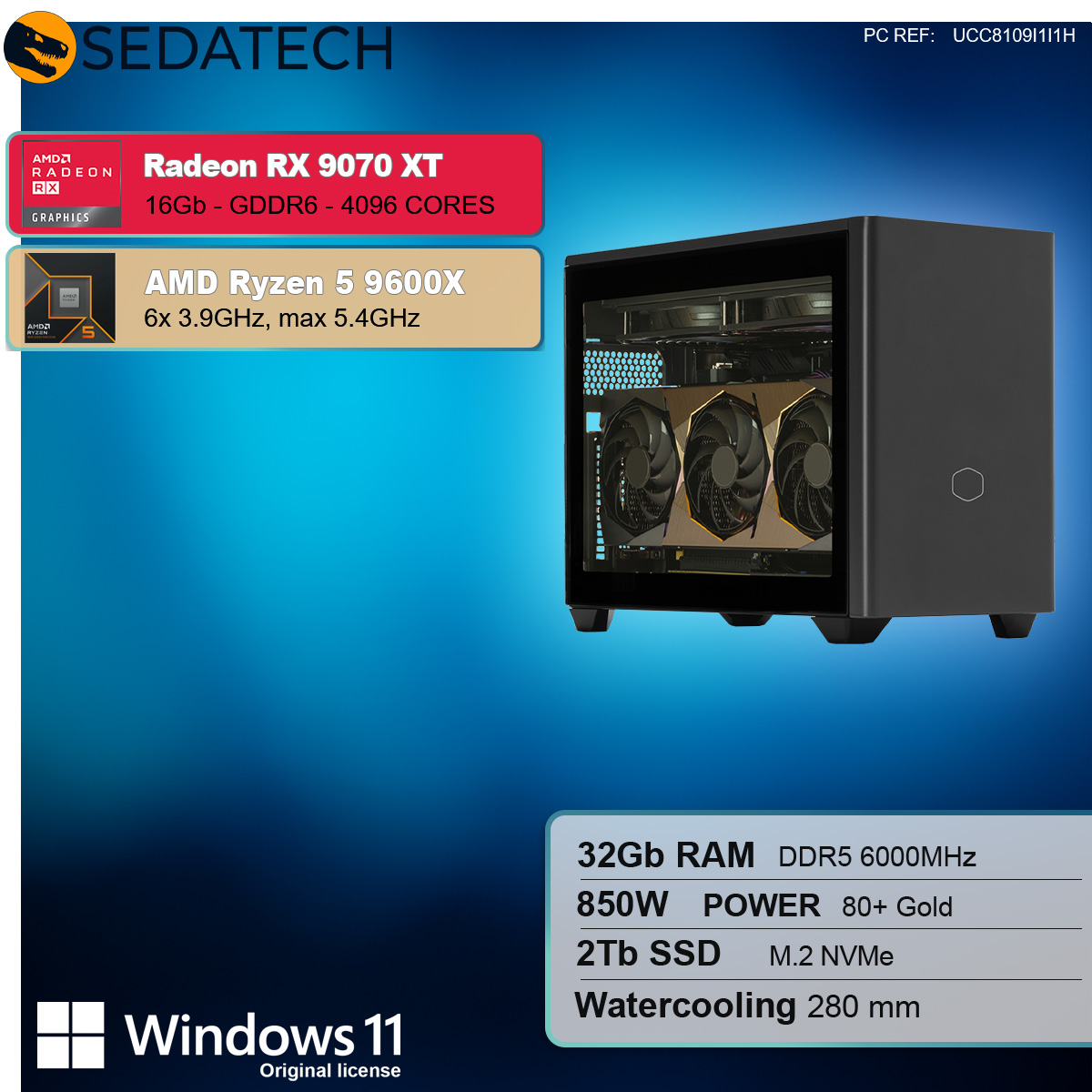 Case per computer nero con etichette rosse e blu. Testo: Radeon RX 9070 XT, AMD Ryzen 5 9600X, 32GB RAM, 850W, 2TB SSD.