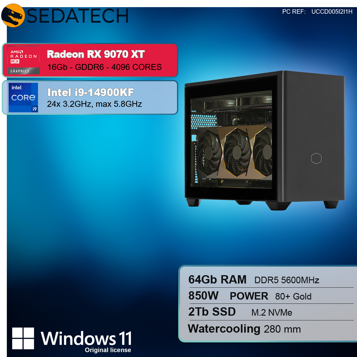 Schwarzes Computergehäuse mit Grafikkarte und Spezifikationen. Spezifikationen umfassen Radeon RX 9070 XT, Intel i9-14900KF und RAM.