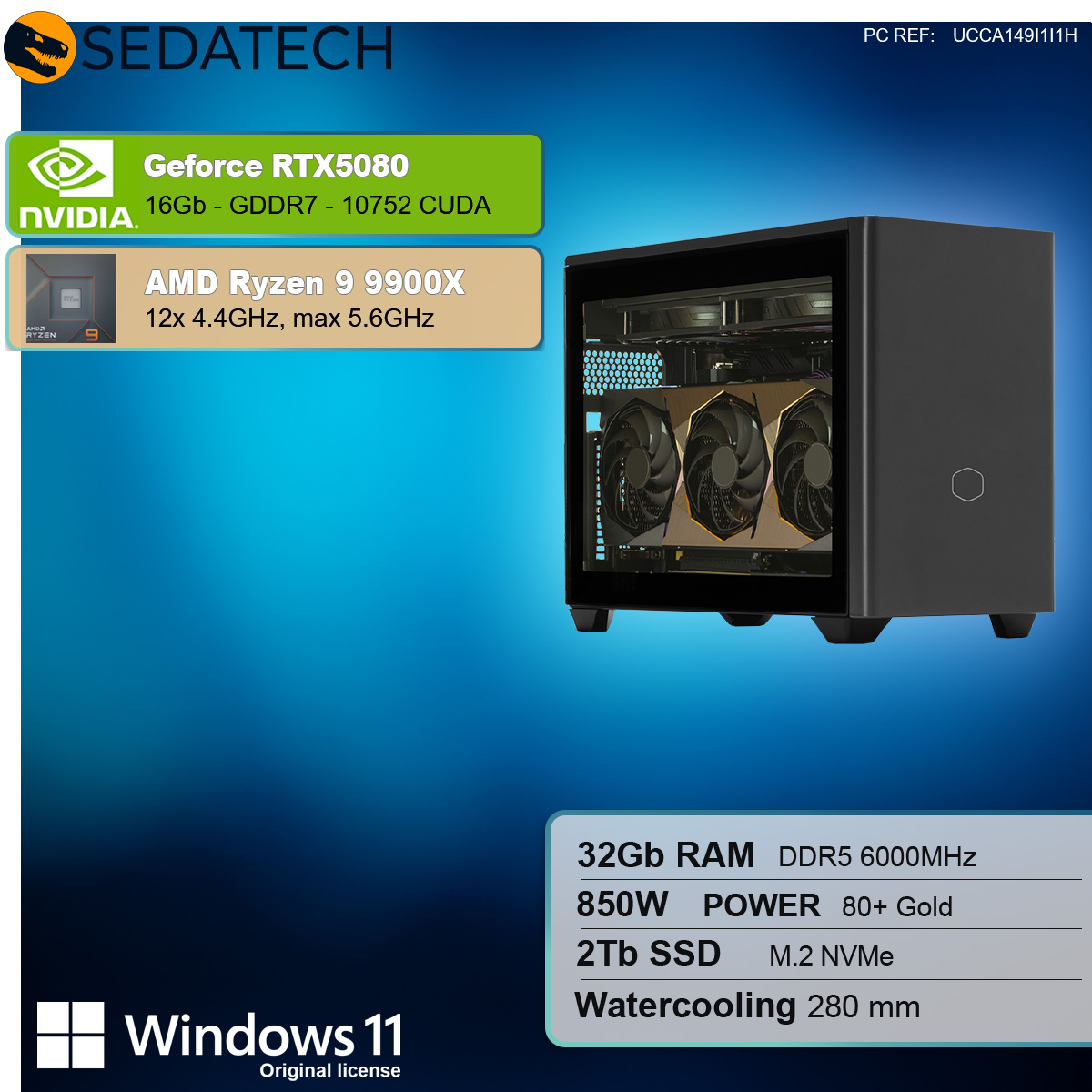 Case PC nero con specifiche GeForce RTX5080 e AMD Ryzen 9 9900X. Mostra i componenti interni.