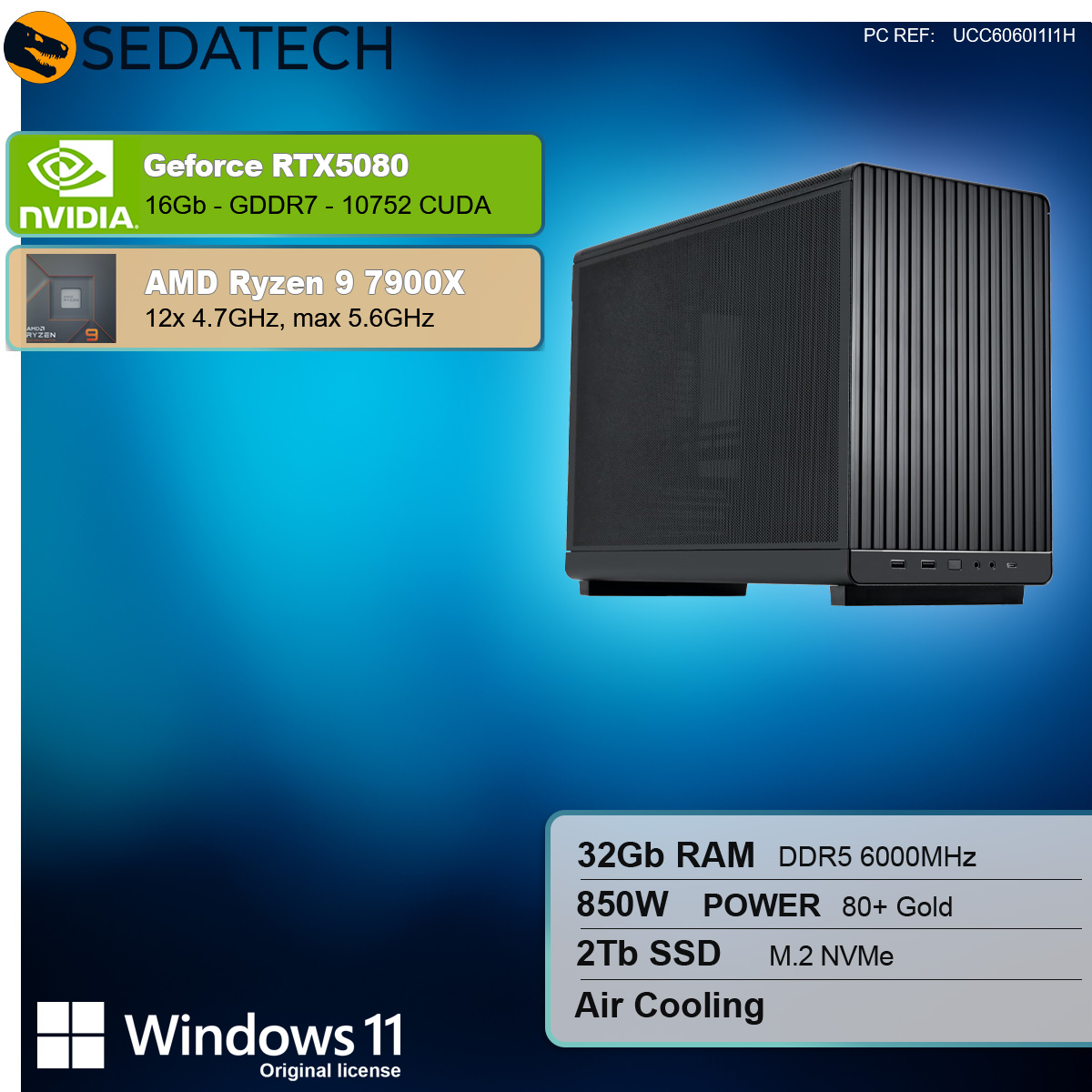 Obudowa komputera z kartą graficzną Nvidia GeForce RTX 5080, procesorem AMD Ryzen 9 7900X i innymi komponentami.