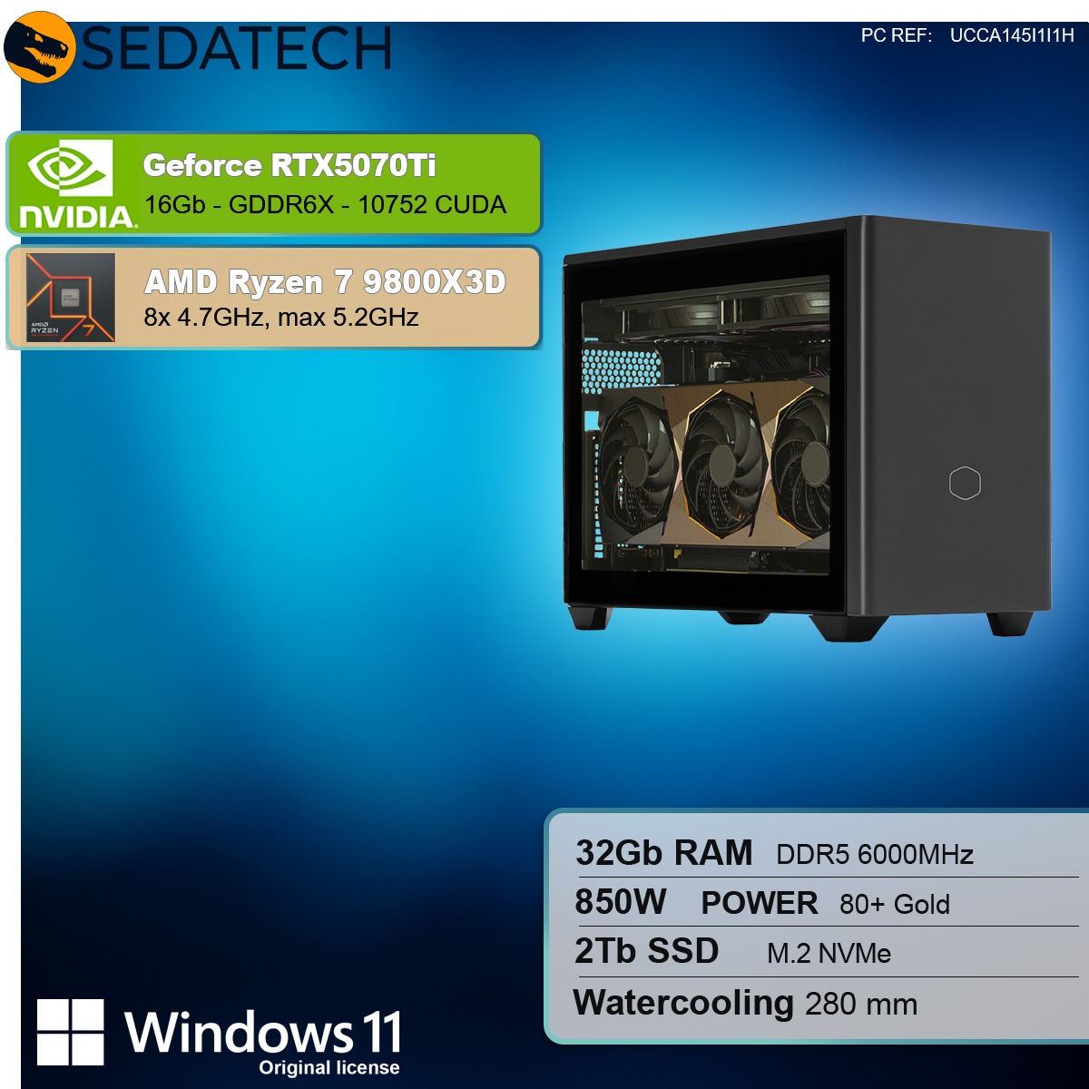 Immagine di un PC. Le caratteristiche includono GPU RTX 5070Ti, AMD Ryzen 7 9800X3D, 32GB RAM, 2TB SSD.