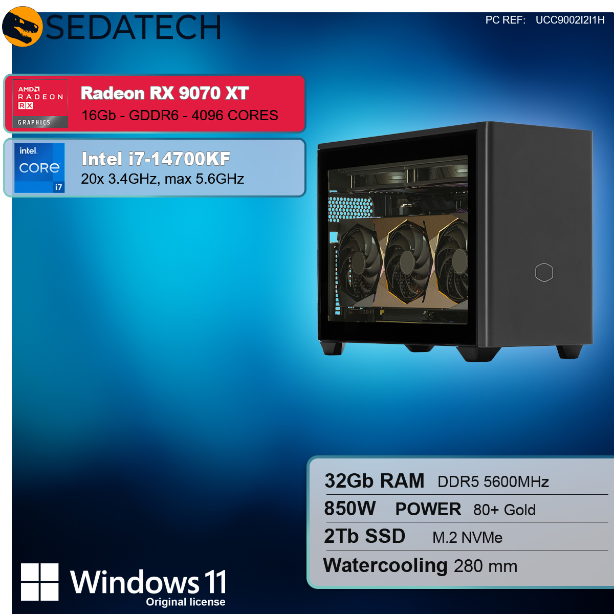 Schwarzer PC mit Komponenten, einschließlich Radeon RX 9070 XT und Intel i7-14700KF in einem Glasgehäuse.