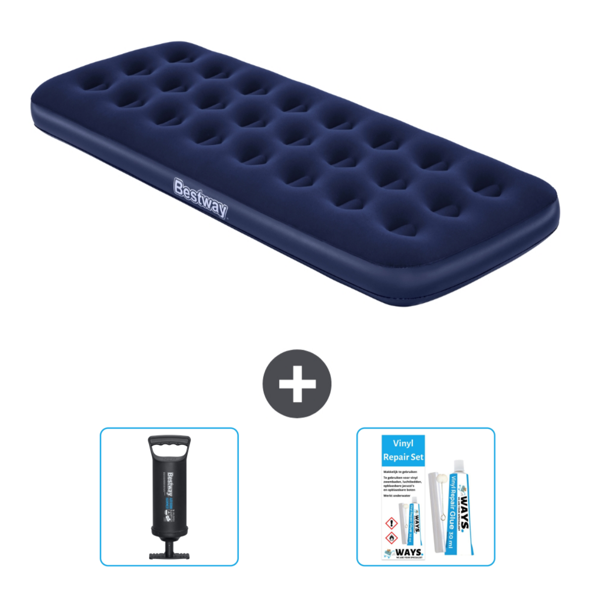 Blauwe opblaasbare matras met pomp en reparatieset. De matras heeft een Bestway logo.