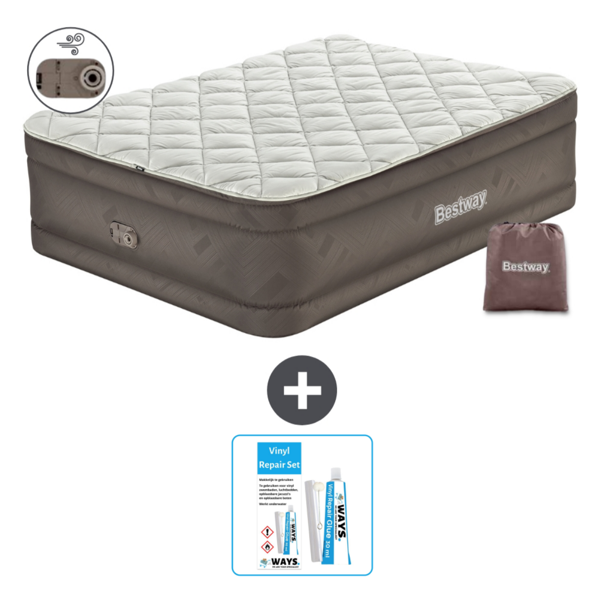 Un matelas pneumatique Bestway avec sac et kit de réparation. Il est marron et blanc, avec un motif matelassé.